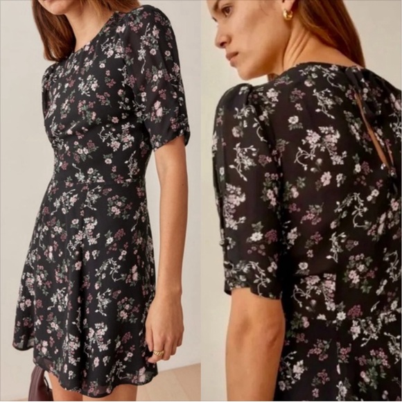 NWT Reformation Black Half Sleeve Short Dress in Jolene Floral SZ US 6, M - Picture 2 of 12